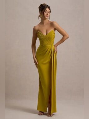 Club L London Edel Satin Dress Ochre | Formal Evening Wedding Guest Slip Dress